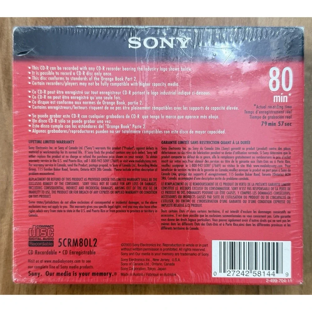 Blank SONY CD-R New/Sealed 5 Pack Recordable In Slim Jewel Cases Audio Music 80